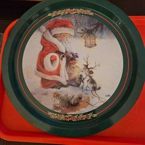 vintage tray adorable child in Santa suit with dog wearing antlers how sweet!!